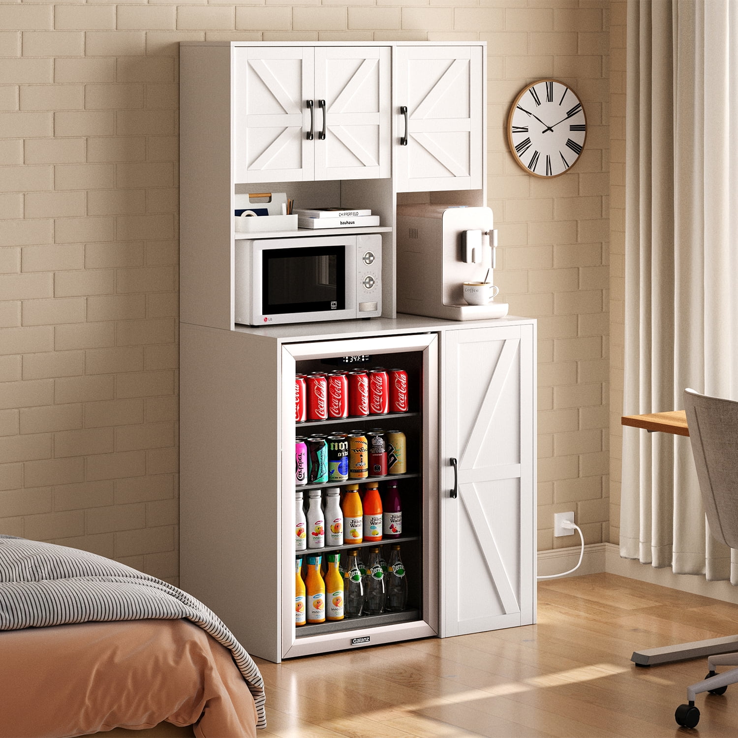 Herture Mini Fridge Cabinet with Storage, Coffee Bar Cabinet with Mini Fridge Space and Outlet, Wine Bar Stand with Microwave Shelf, Beverage Station for Kitchen, Dorm, Office White KH02MRW