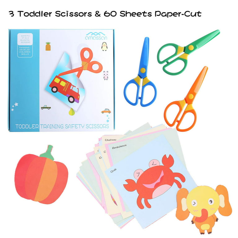 amassan Plastic Safety Scissors Toddlers Training Scissors Pre-School Training Scissors and Offices Scissors (3pcs) Kids Paper-cut (60 Sheets)
