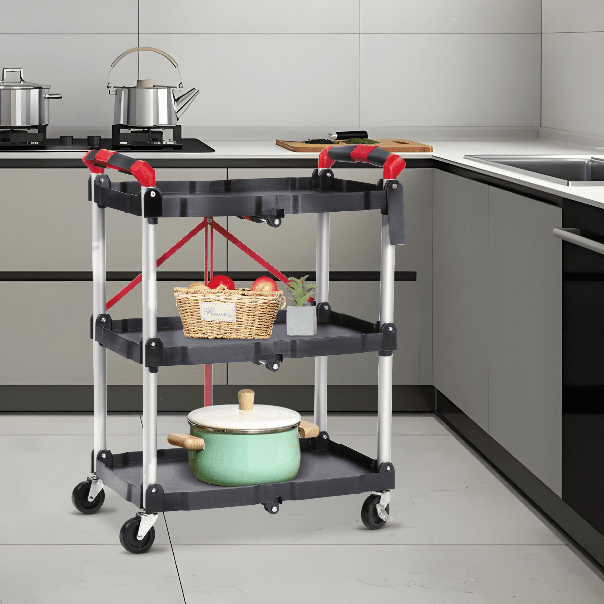 Amkui 3 Tier Portable Folding Service Cart with Wheels 150 lbs Load Capacity Foldable Utility Cart Collapsible Rolling Carts for Home Office Kitchen Garage