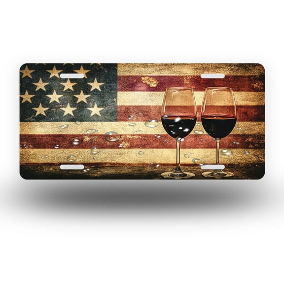 Rustic Flag and Wine Glasses Front License Plate,Metal License Plate,Funny Standard Plates Personalized Novelty Decorative For Men/Women/Boys/Girls Car 6×12 Inch