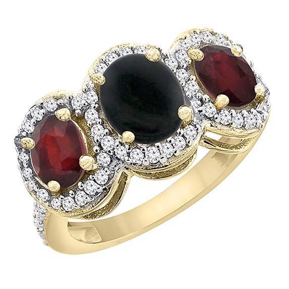 14K Yellow Gold Natural Black Onyx & Enhanced Ruby 3-Stone Ring Oval Diamond Accent, size 5