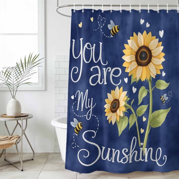 You Are My Sunshine Standard Shower Curtain Set, Waterproof Shower Curtains for Bathroom, Yellow Sunflowers Cute Bees Heart Blue Washable Fabric Cloth Bath Curtain for Bathtub with Hooks 72x72 Inches