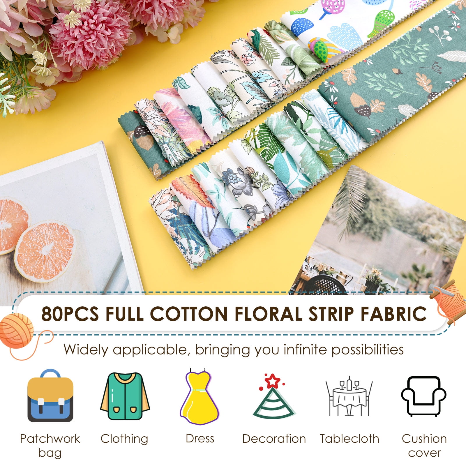 Ikoopy 80/100Pcs Jelly Roll Fabric Strip Set Cotton Floral Print Pre Cut Quilting Strip Quilting and Sewing Patchwork Roll for DIY Craft Blanket Rug