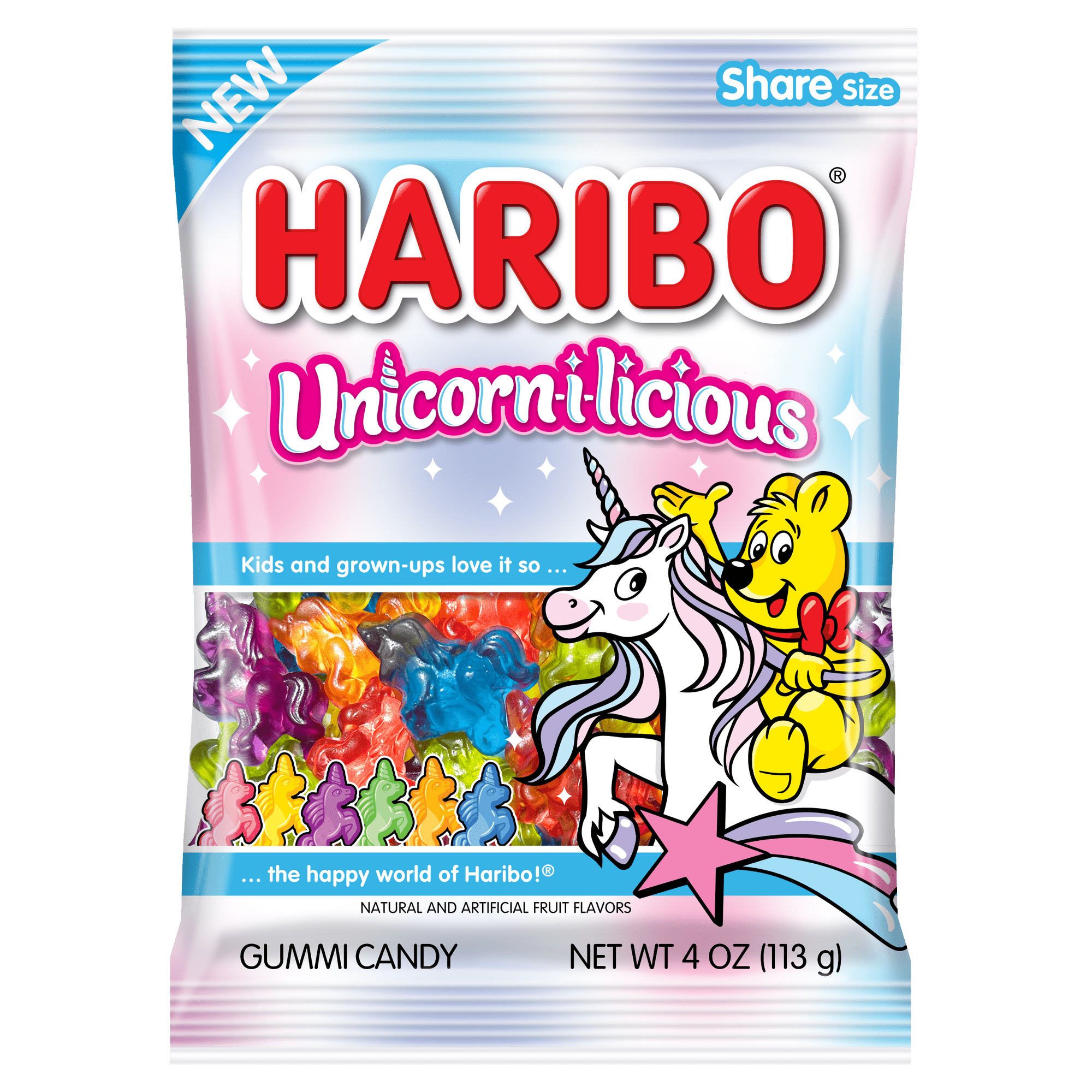 HARIBO Unicorn-i-licious Gummies Assorted Fruit Flavor Gummy Candy, 4 oz, Share Size Peg Bag