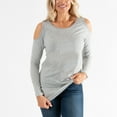 thumbnail image 3 of Womens M/L Gray French Terry Cold Shoulder Asymmetrical Hem Long Sleeve Top by Howard's, 3 of 4