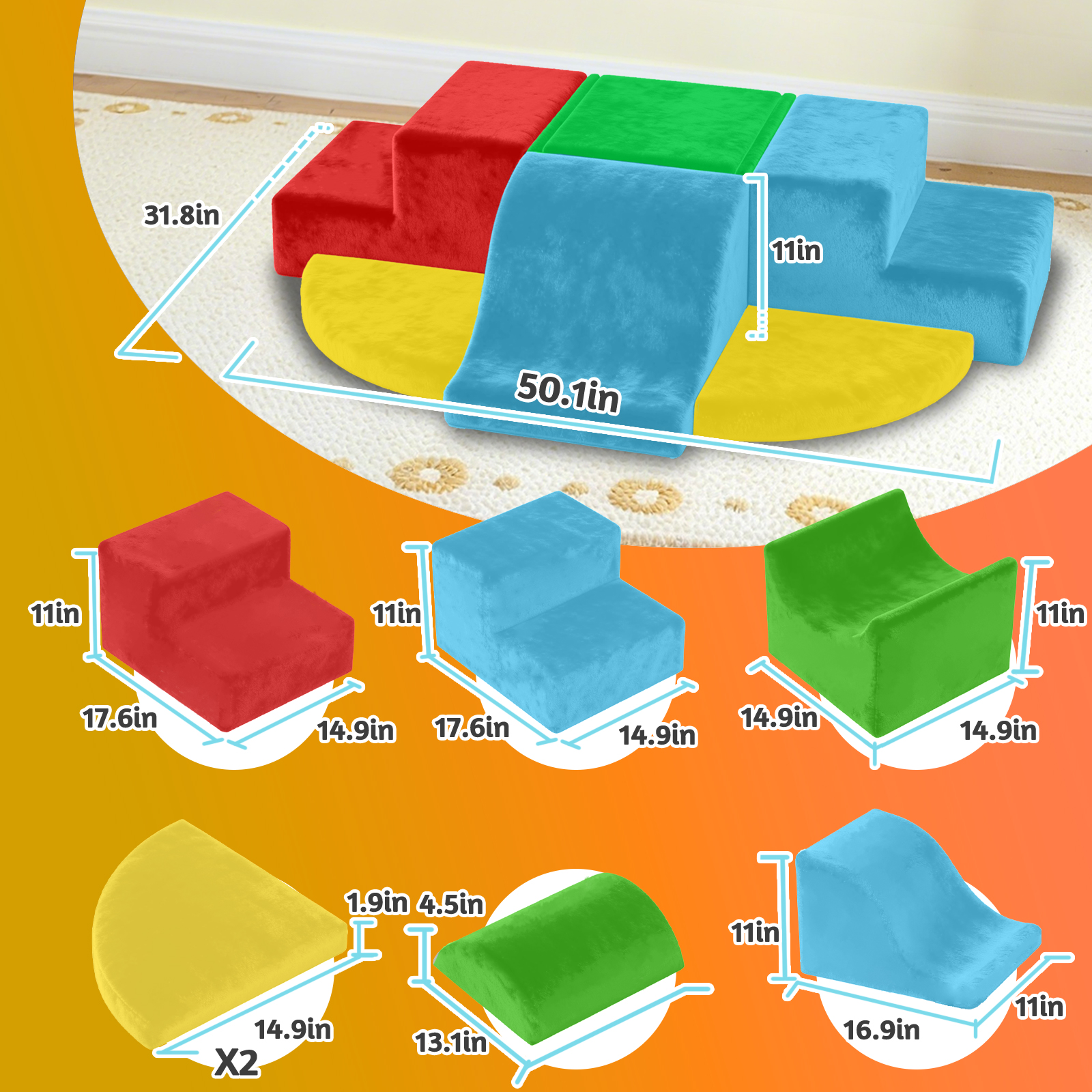 G TALECO GEAR Climbing Toys for Toddlers, 7 Pieces Indoor Baby Foam Blocks Soft Play Set with PU Leather, Kids Climb and Crawl Sliding Activity Structure Gym Playground Climber