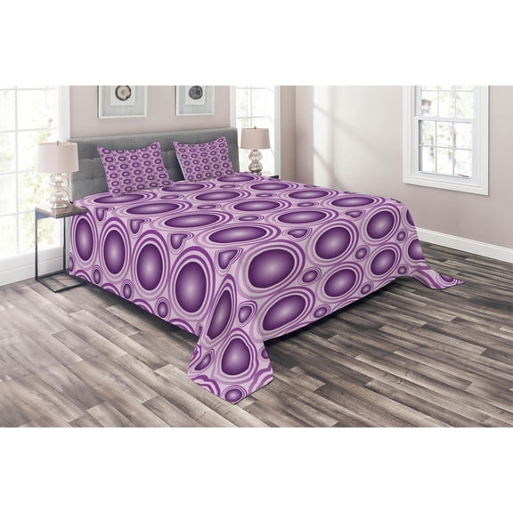 Ambesonne Geometric Quilted Coverlet 3 Pcs, Circular Lines Rings, Queen Size, Purple