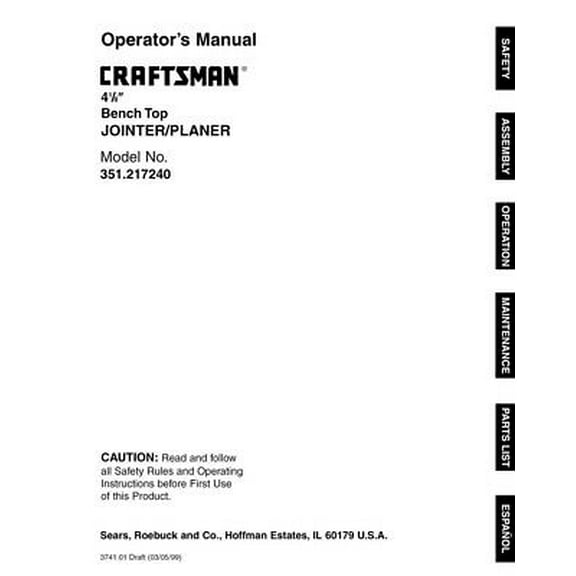 Instruction Manual ONLY for Craftsman 351.217240 Jointer-Planer Owners Instruction Manual REPRINT