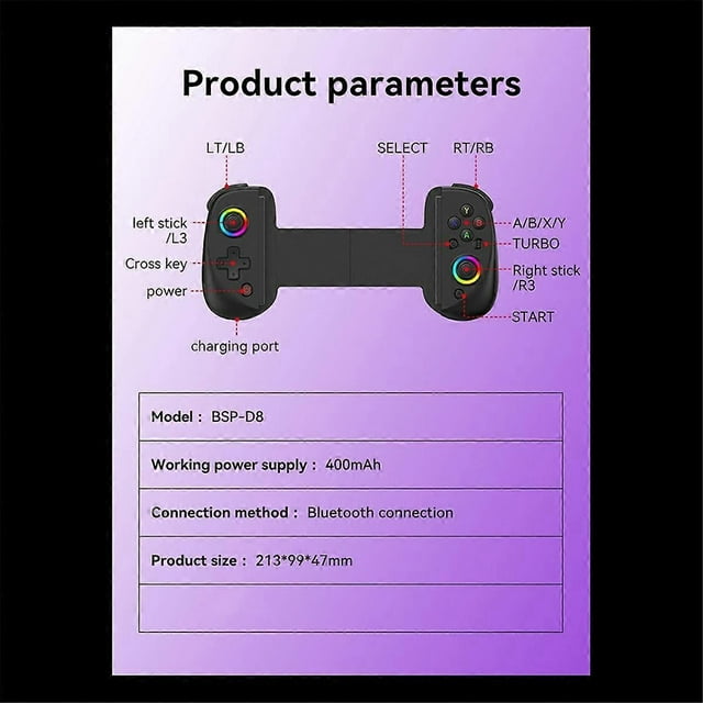 Controlador de juegos telescópico D8 con luz RGB, controlador de juegos móviles con vibración de 6 ejes para Android, iOS, PS3, Switch y PC, B