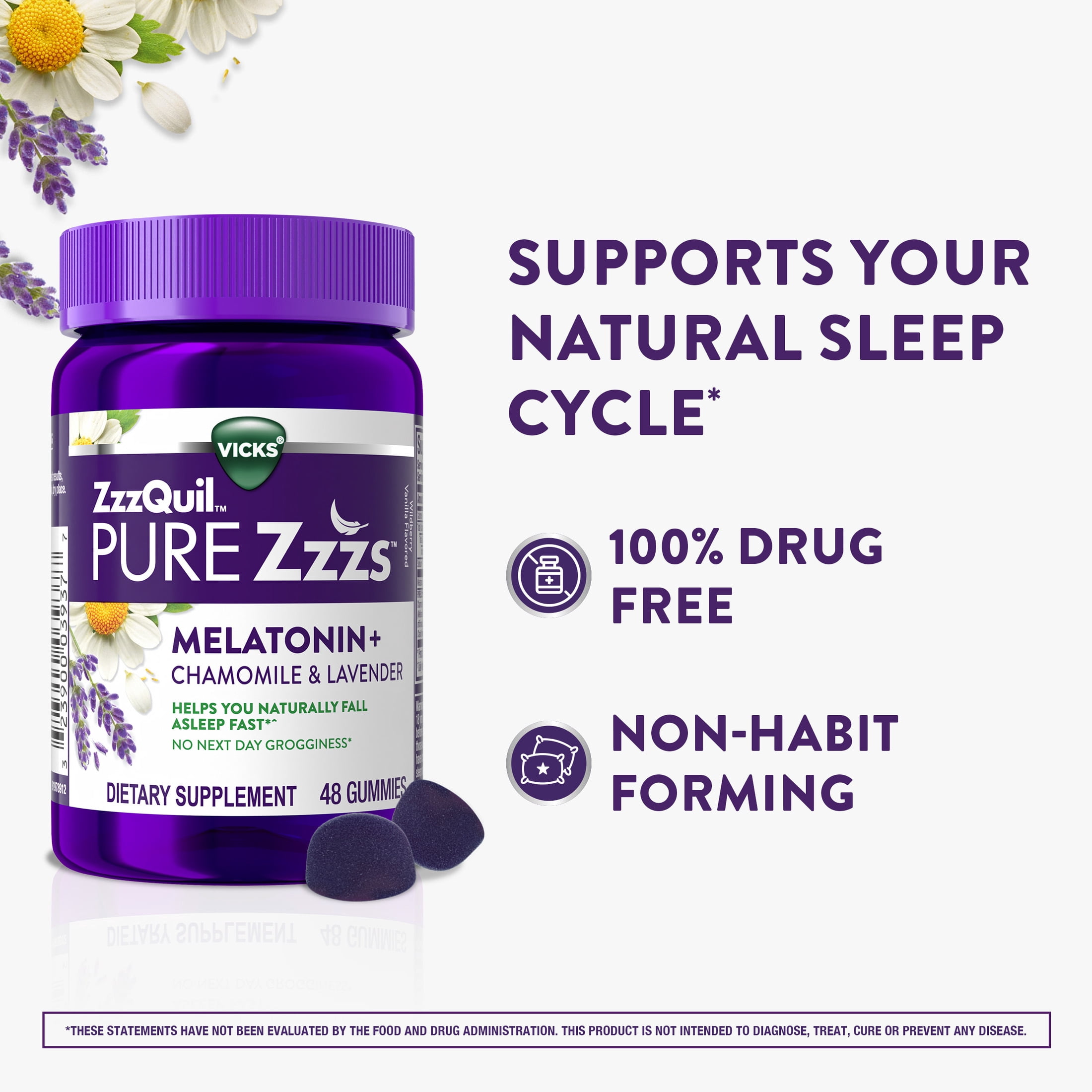 ZzzQuil PURE Zzzs Melatonin Sleep Aid Gummies, Melatonin 2mg, Wildberry Vanilla 48 Count