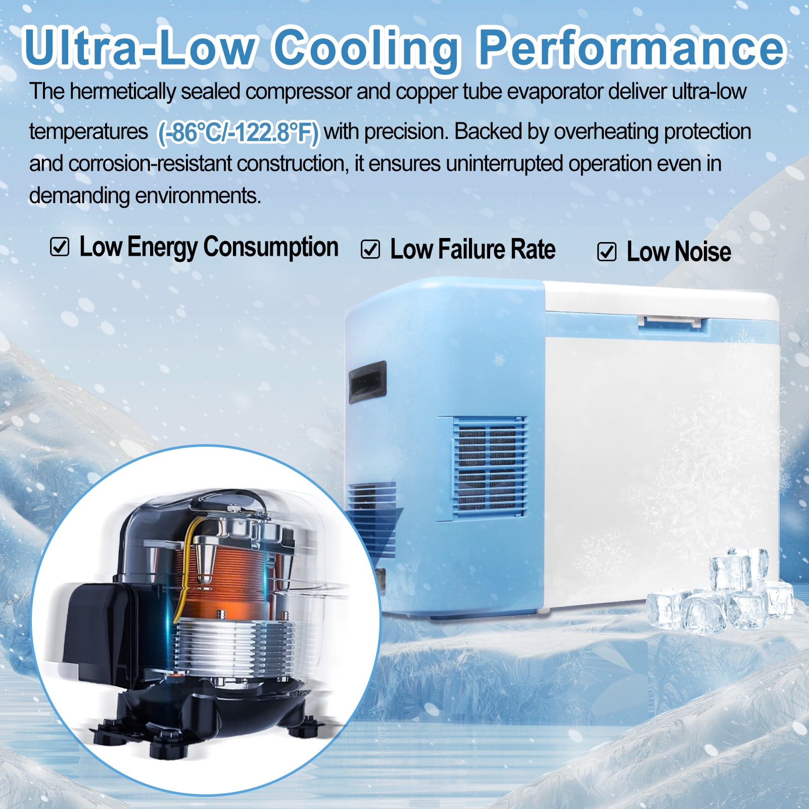 CVHVBH Lab Cryogenic Freezer, -86℃(-122.8℉) 20L Ultra Low Temperature Freezer, Portable Medical Refrigerator, Countertop Freezer for Laboratory, Lab Refrigerators for Scientific Research