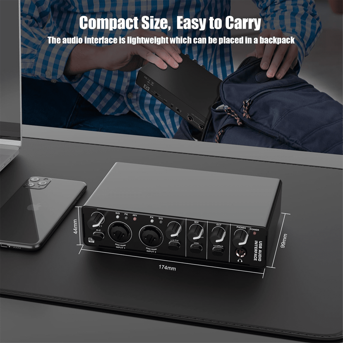 USB Audio Interface, 2 in 2 Out Audio Interface with 48V Phantom Power for Recording,for Guitarist, Vocalist, Podcaster