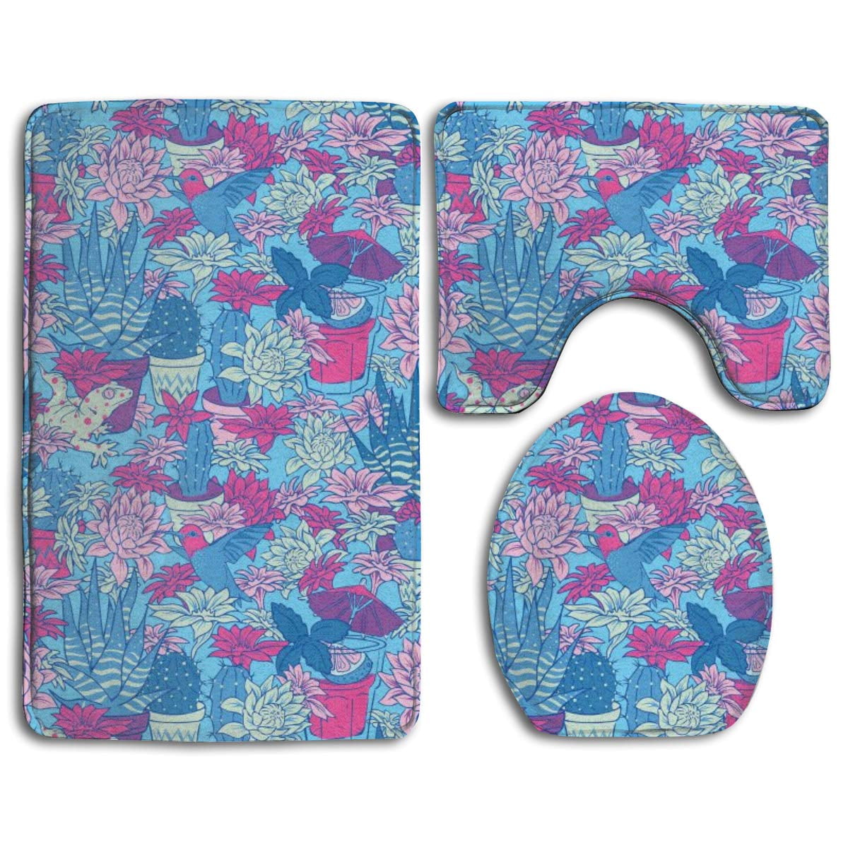 PUDMAD Blue Boho Southwestern Summer Succulent 3 Piece Bathroom Rugs