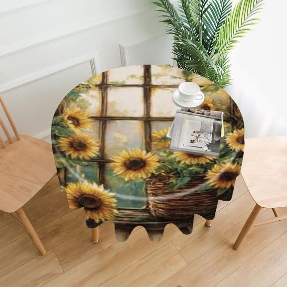RKSupls 60 Inch Round Tablecloth, Sunflowers Window Cottage Premium Polyester Straight Edge Wrinkle Resistant Washable Table Cover for Party Home Dining Decor
