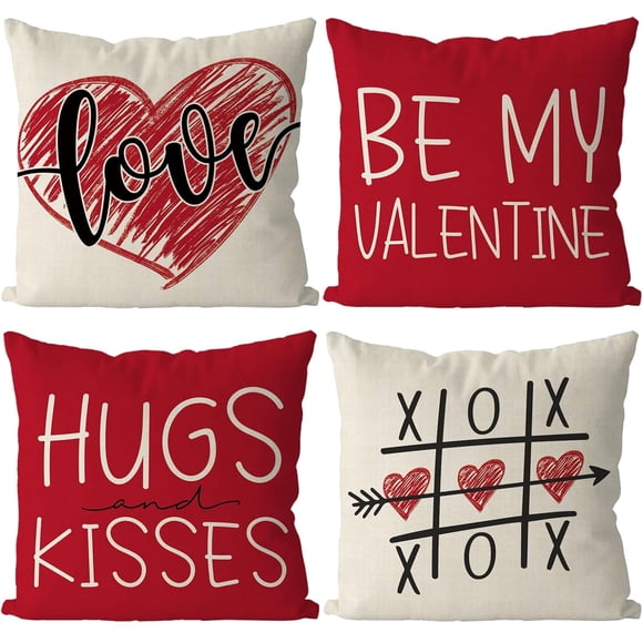 Housses de Coussin de la Saint-Valentin 20x20 Pouces Ensemble de 4 XOXO Cœurs d'Amour Taie d'Oreiller Housse de Coussin Style Ferme Canapé Décorations pour la Maison Décoration d'Anniversaire de Mariage