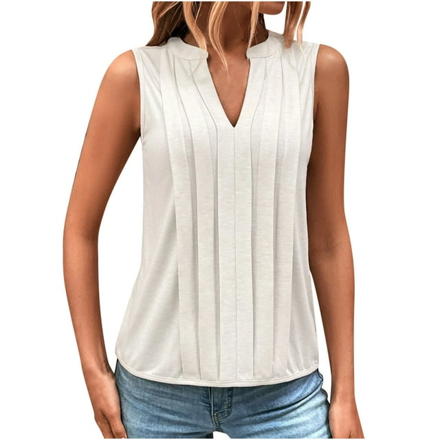 Timegard Womens Tank Tops Pleated V Neck Comfy Sleeveless Tops Summer Casual Tunic Tops Solid Color