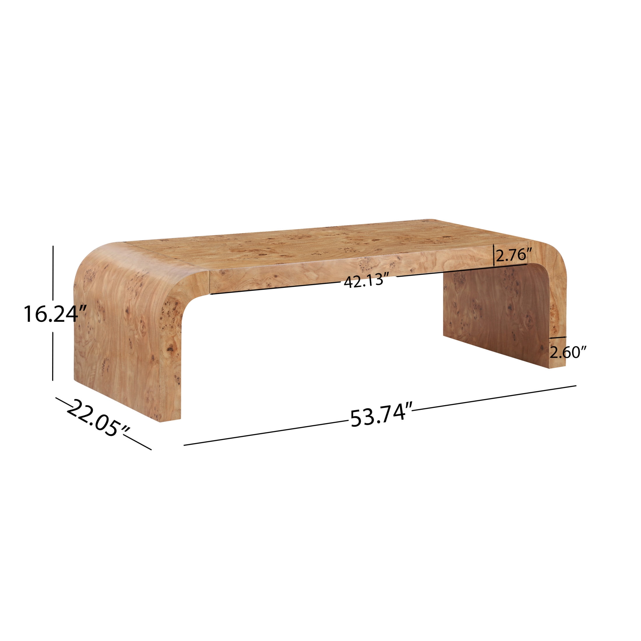 Christopher Knight Home 53.7" Waterfall Coffee Table with Burl Veneer, Curved Edges, Natural