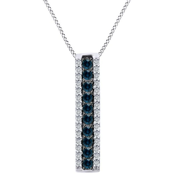 AFFY 1/5 Carat Round Blue & White Natural Diamond Bar Pendant Necklace In 925 Sterling Silver (0.20 Cttw)
