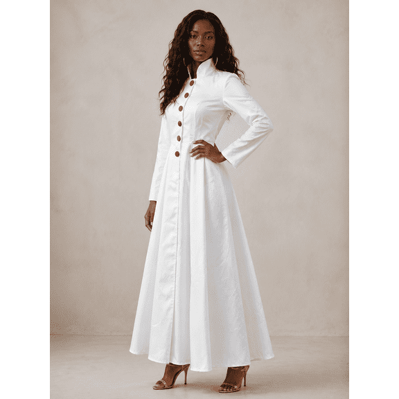 Women's White Button Front Maxi Dress, Long Sleeve Collared Occasion Dress