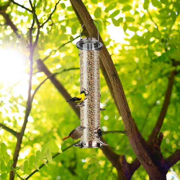 Tube Bird Feeder Hanging with 4 Feeding Ports, 15 Inch Metal Wild Bird Feeder for Outdoors