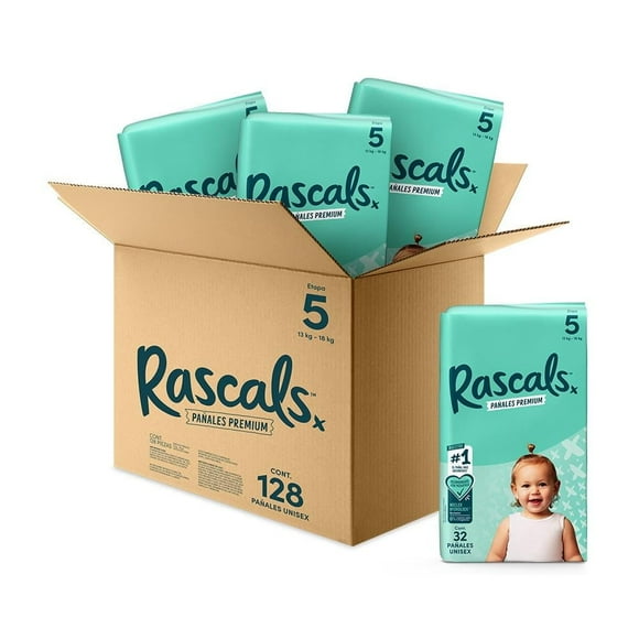 Pañales premium Rascals Etapa 5 Unisex 128 piezas
