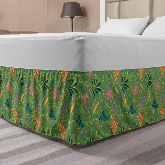 Summer Bed Skirt, Nature Leaves in Creative Tones Botanical Forest Foliage Branches Flourish Art, Elastic Bedskirt Dust Ruffle Wrap Around for Bedding Decor, 4 Sizes, Multicolor, by Ambesonne