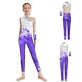 thumbnail image 5 of Mufeng Kids Girls Sequins Printed Sports Jumpsuit Sleeveless Full Length Bodysuit Dance Figure Skating Catsuit Purple 16, 5 of 6