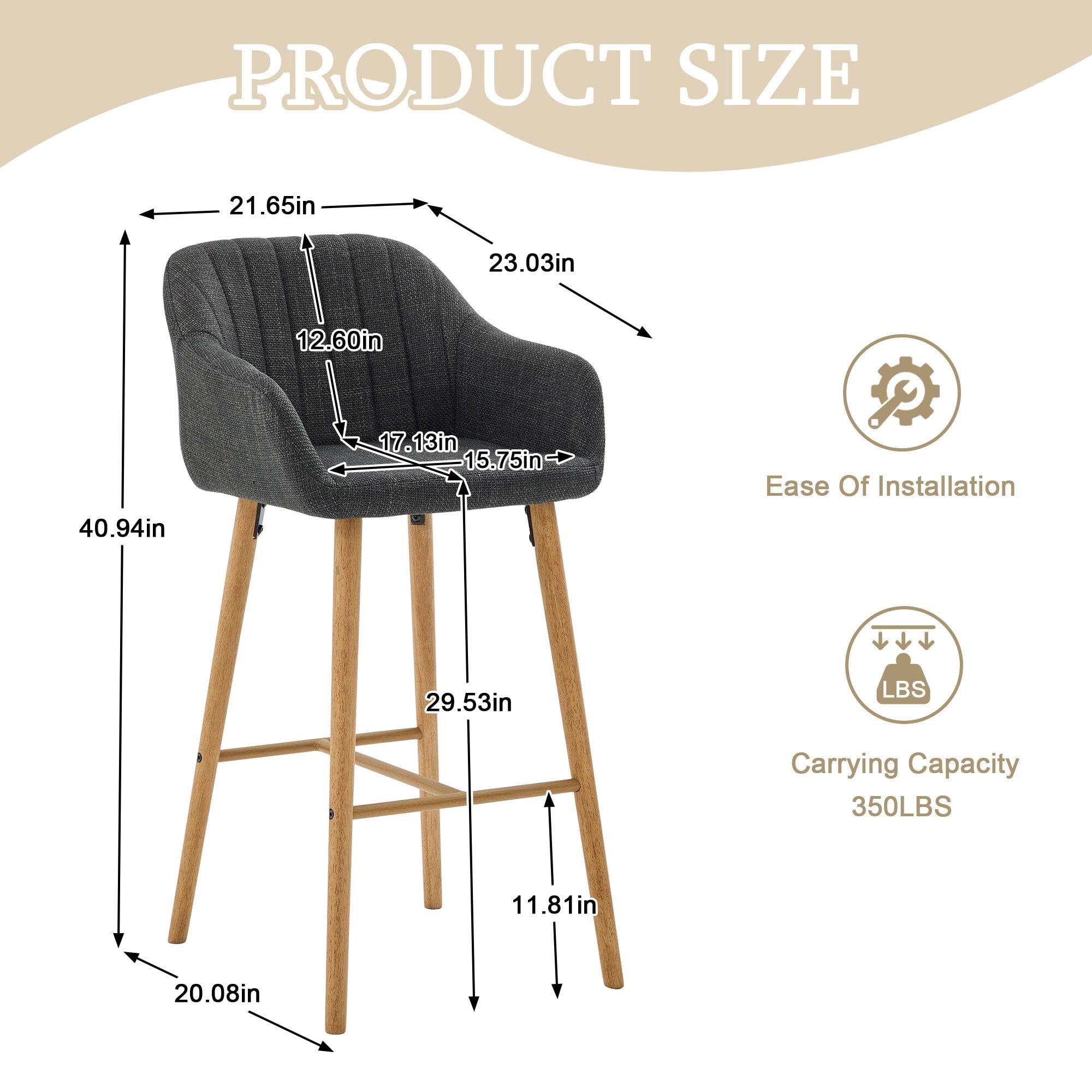 Sailvan Set of 2 Modern Bar Stools,Linen Upholstered Kitchen Island Chairs with Back & Arms,Solid Wood Legs Tall Counter Stools Black