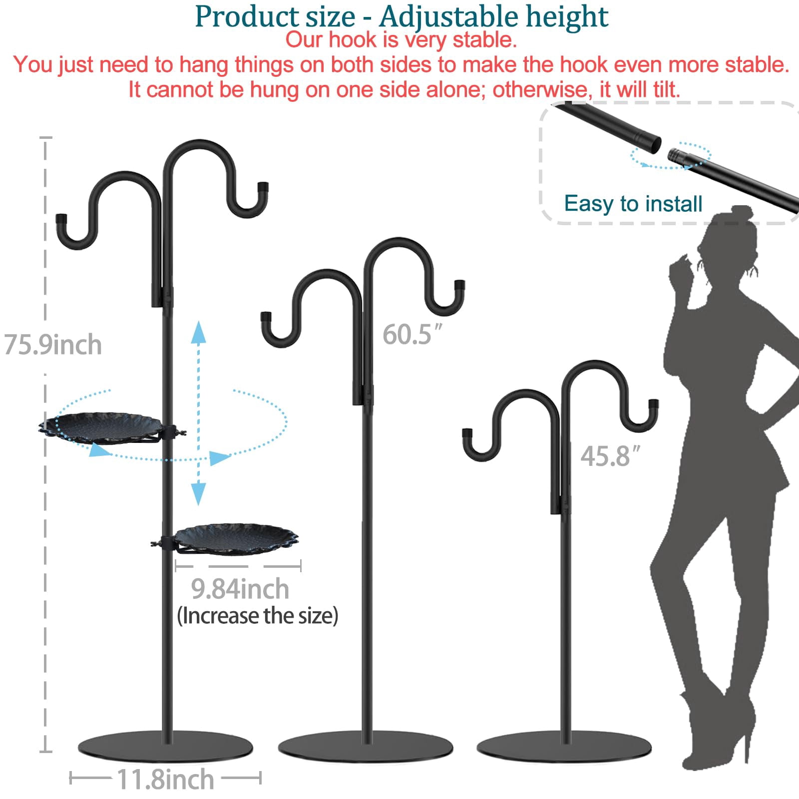Upgraded 74" Shepherd's Hook Stand plant，Bird Feeder，Wind Chime Hanger Stand, Waterproof Metal & Adjustable-Height Standing Pole Holder for Lantern and Wreath, Indoor & Outdoor（2 Placement Racks)