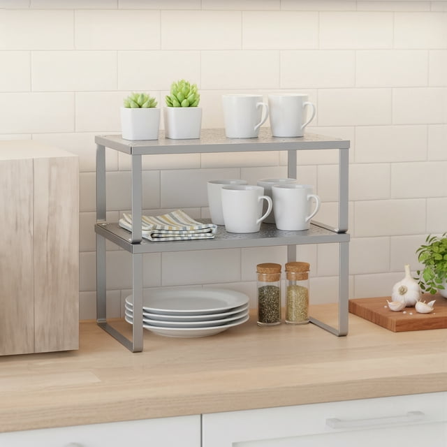 SONGMICS Spice Racks, Set of 2 Metal Cabinet Shelf Organizers, Countertop Organizers, Shelf Risers, Stackable, Expandable, Silver
