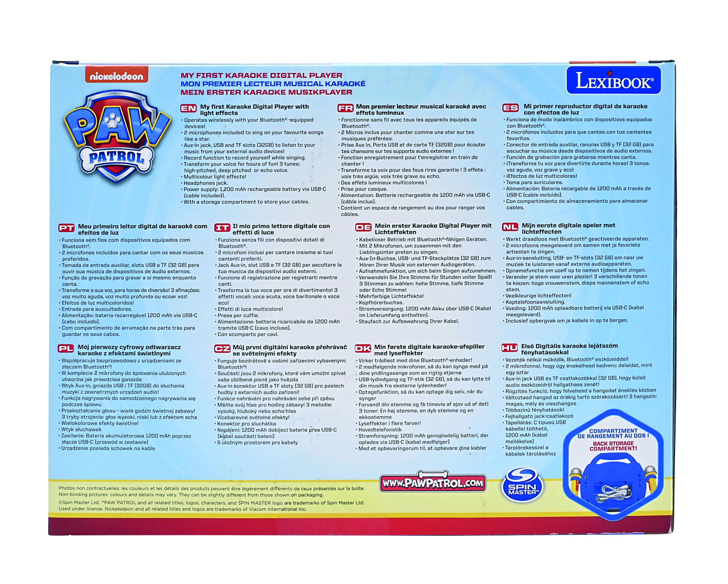 Lexibook Paw Patrol, Portable Karaoke digital player for kids – Microphones, Light effects, Bluetooth, Record and voice changer functions, Rechargeable battery, Blue/red