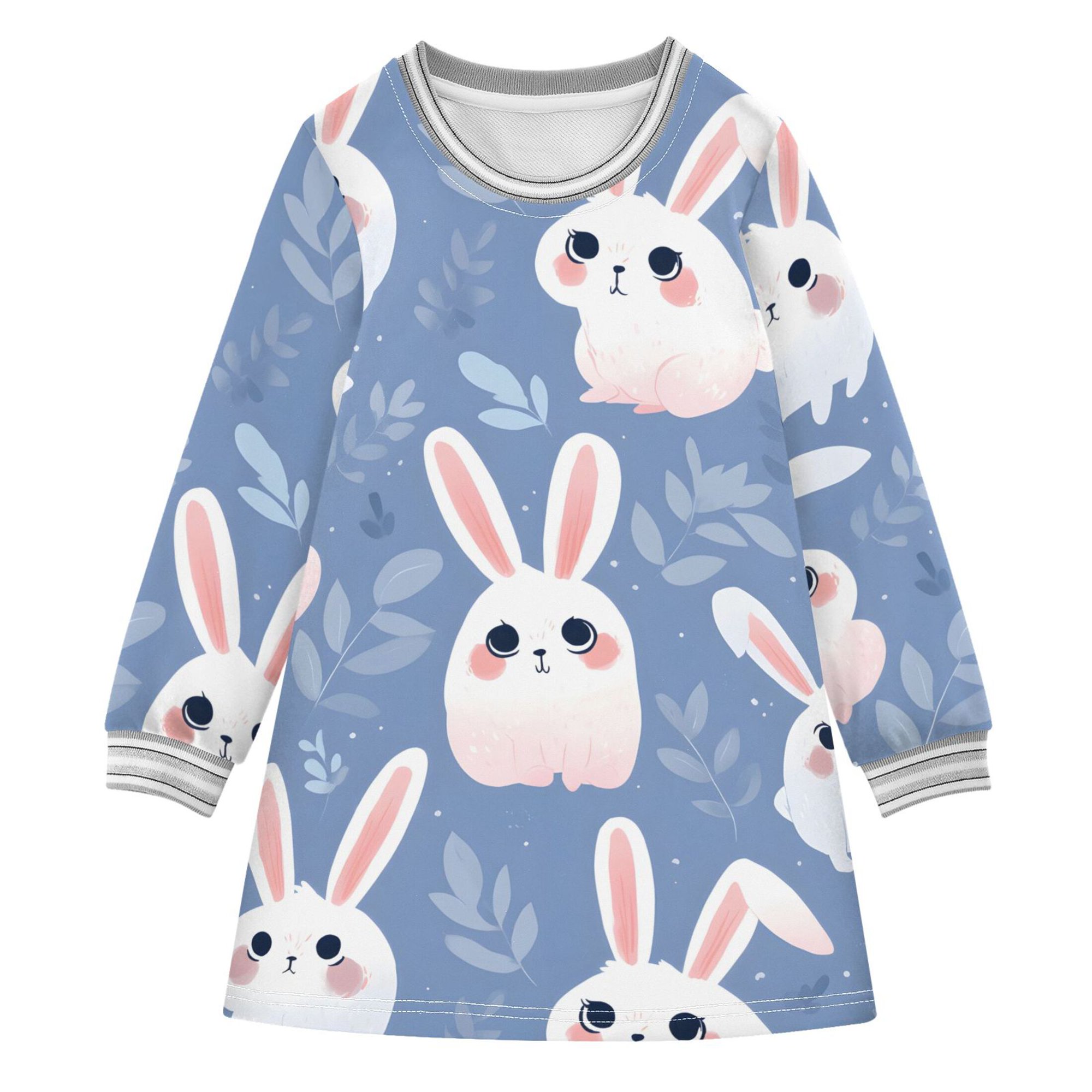 White Rabbit Lleaves Pattern Girls long-sleeved dress Thickened A-dress Warm Dress Basic Shirt Party Dresses