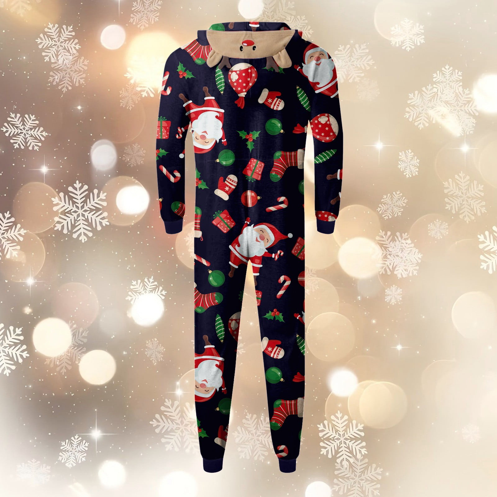 CUZIBR Christmas Family Pajamas Hooded Full Zipper Up Sleepwear Outfits Long Sleeve Cute Snowflake Print One Piece Jumpsuits Loungewear For Dad,Navy,Xxl