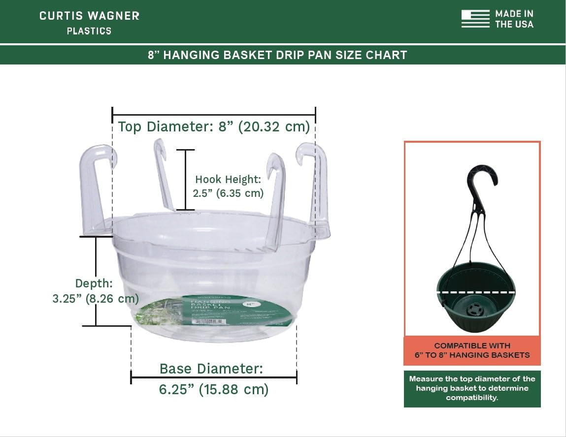 Curtis Wagner Plastics Plant Hanging Basket Drip Pans (5-Pack) - Clear, Round (Diameter = 6.25" Base, 8" Top, 3.5" Depth) Thin Plastic Indoor Outdoor