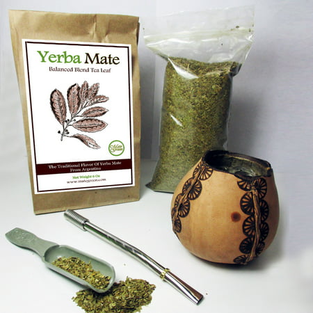 4Pc Argentina Yerba Mate Tea Gourd Cup Straw Bombilla 6oz Leaf Bag Kit Gift