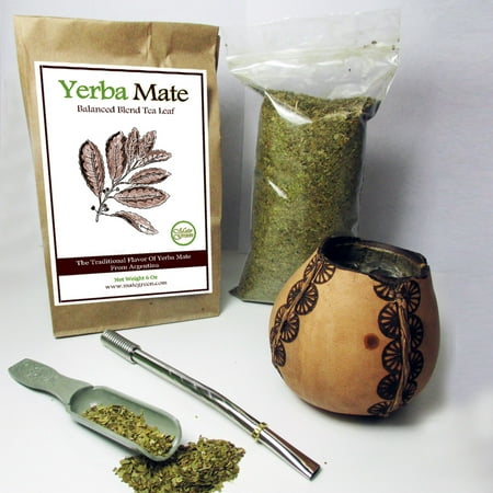 Neck Cup Kit - 4Pc Argentina Yerba Mate Tea Gourd Cup Straw Bombilla 6oz Leaf Bag Kit Gift 3326