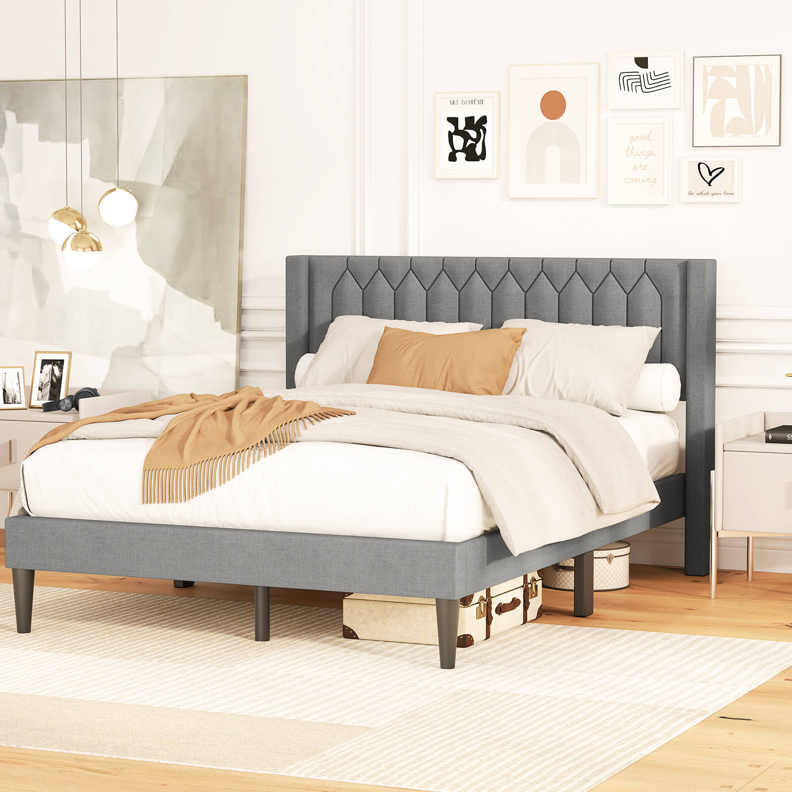 Infans Queen Size Bed Frame Linen Fabric Upholstered Platform Bed w/Wingback Headboard