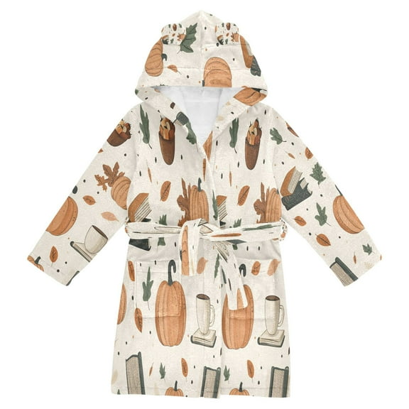 FORMRS Niños Bathrobe Unisex Hooded Robe Soft Plush Pajamas Sleepwear, Size 2-3T, Beige Fall Leaves