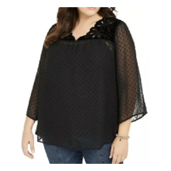 STYLE & COMPANY Womens Black Embellished Velvet Around Kneck Floral Short Sleeve V Neck Evening Top S