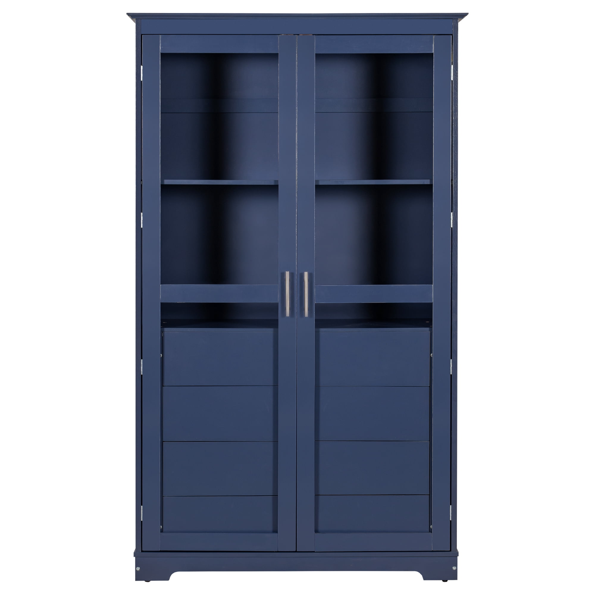 Euroco Extra Large Solid Pine Wood Kitchen Pantry Cabinet with Glass Doors, 4 Drawers & Adjustable Shelf, Freestanding Storage Cabinet – 44.7"W