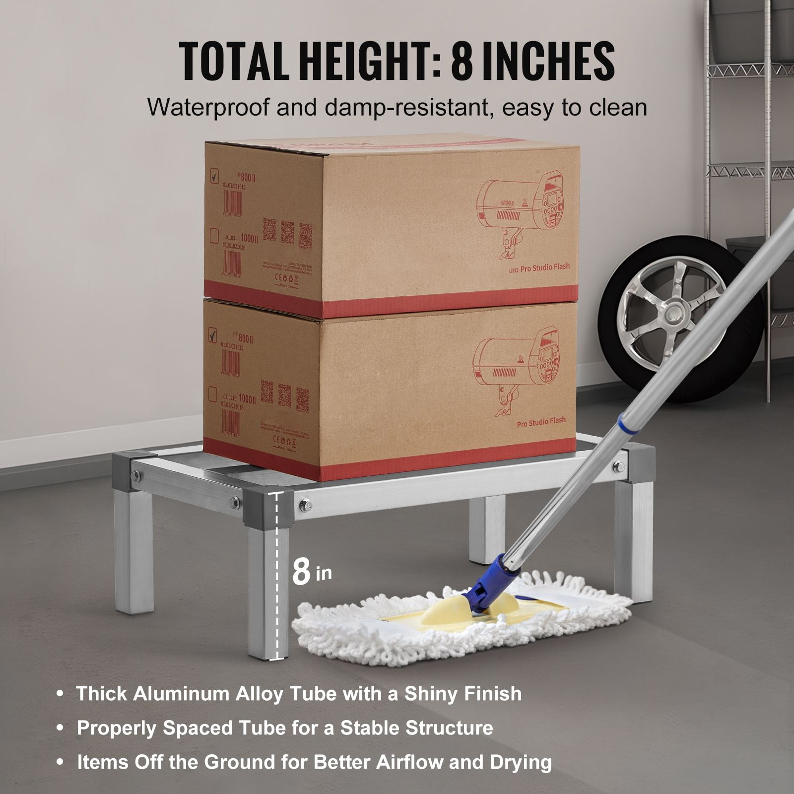 Adjustable Aluminum Dunnage Rack, 24" x 14" x 8", Supports 1000 lbs, Corrosion-Resistant, Quick Assembly, Lightweight, for Kitchen, Warehouse, Garage & Vehicle Storage