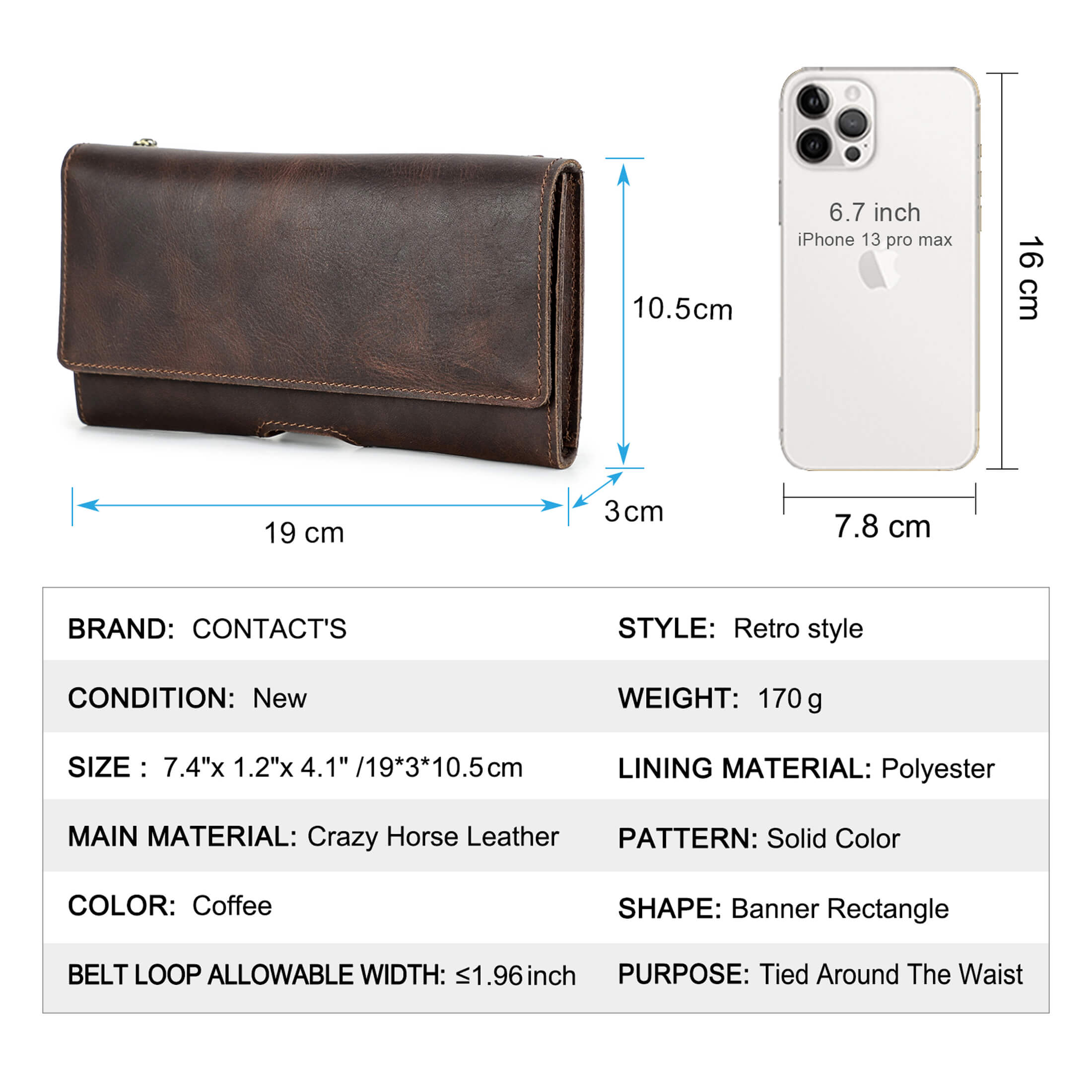 Contact's Leather Waist Case With Belt Clip for 6.7'' Phone , Travel Small Waist Belt Pouch ,Phone Pocket Card Holder, Valentine Gift, Coffee