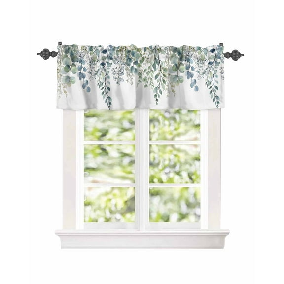 Window Valance for Kitchen,Green Eucalyptus Sage Leaves on White Rod Pocket Curtain Valances Short Curtains Drapes Panel,Spring Botanical Window Treatment Topper for Bedroom,54x18IN