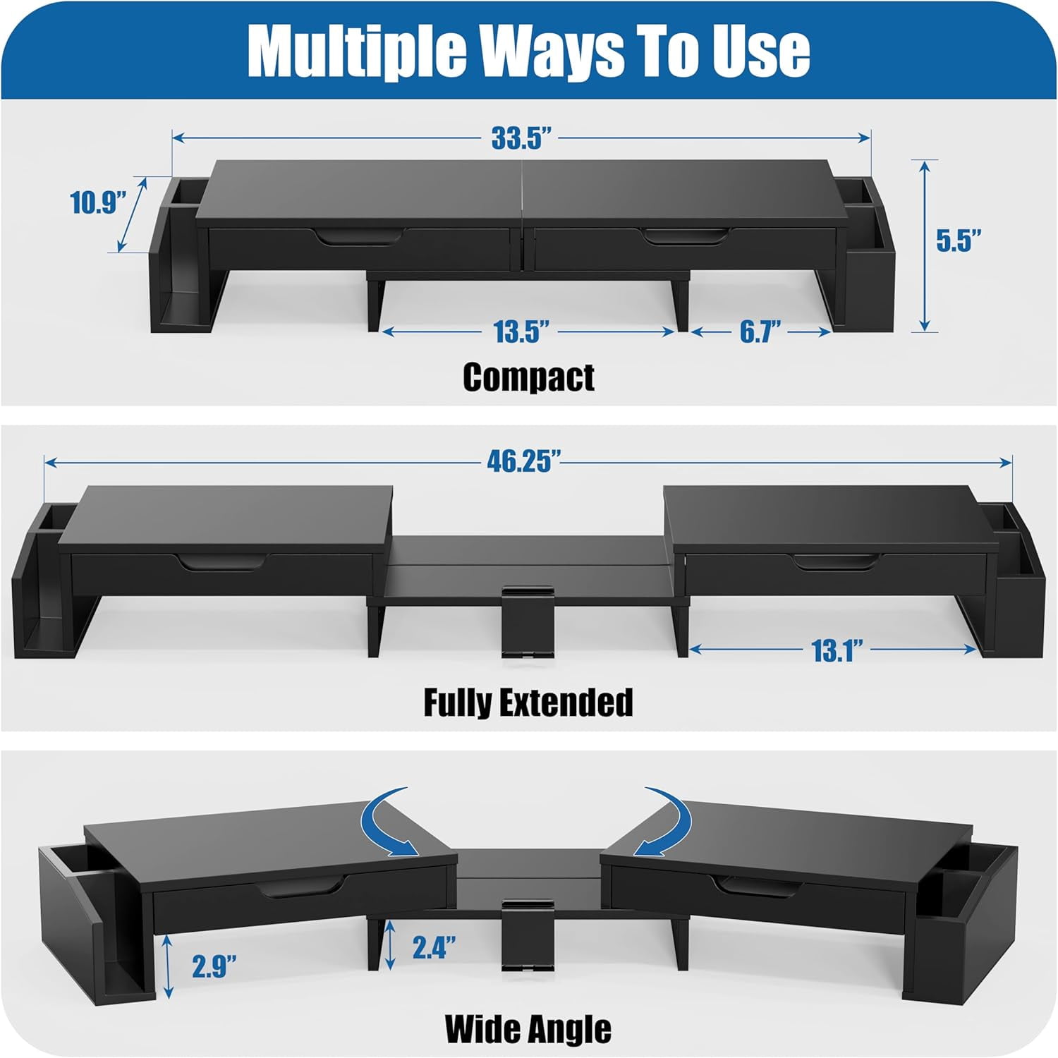 Dual Monitor Stand with Drawers and Phone Holder for Office Desk Organization