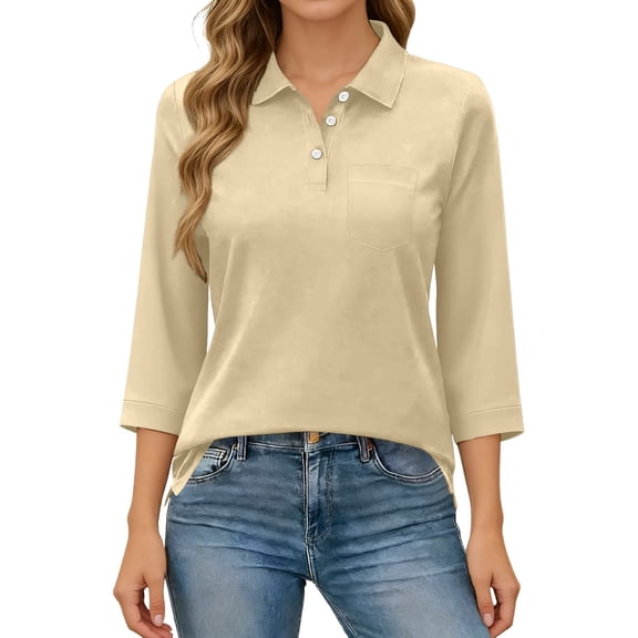BOOMNY Women's 3/4 Sleeve Polo Shirts Solid Color Loose Summer Buttons Tops for Women