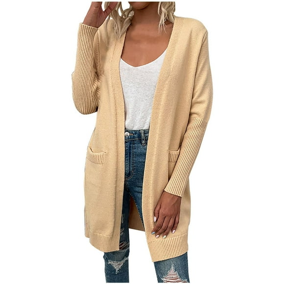 IROINID Women's Mid-Length Cardigan Jacket Solid Color Long Sleeve Casual Pockets Casual Coat Cardigan, Beige