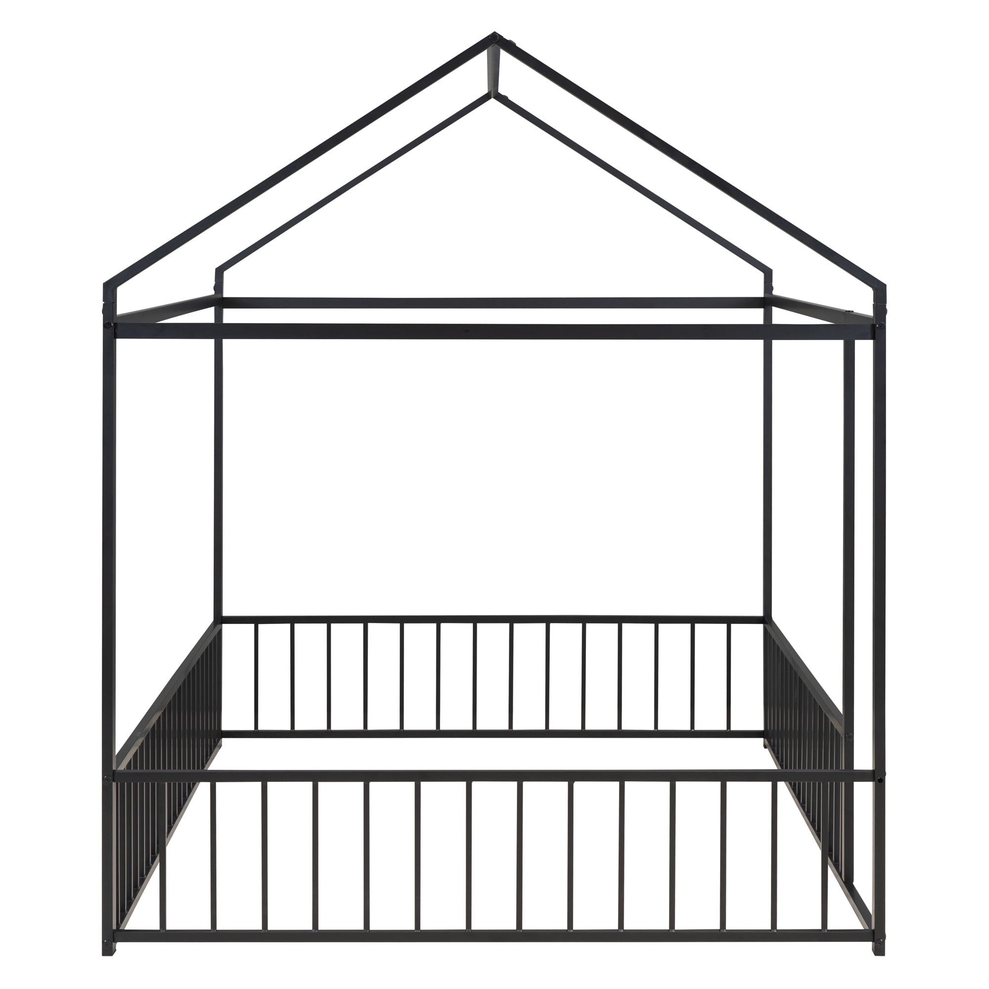Full Size Montessori Floor Bed, Metal House Bed Frame for Kids, Kids Floor Beds with Fence Guardrails, Playhouse Bed for Kids Boys Girls