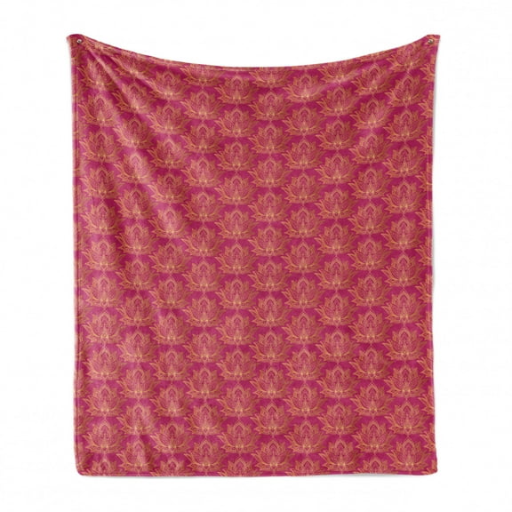 Oriental Soft Flannel Fleece Throw Blanket, Simplistic Themed Peaceful Pattern with Lotus Flowers, Cozy Plush for Indoor and Outdoor Use, 70" x 90", Magenta Sand Brown, by Ambesonne