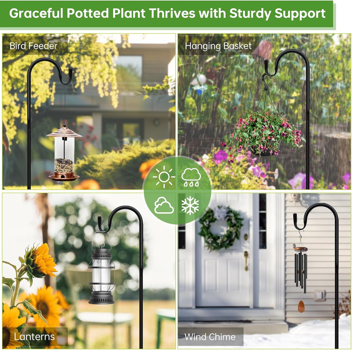 Upgraded Adjustable Shepherds Hooks for Outdoor Indoor, 63 Inch Wind Chime Stand, Shepherds Hooks for Hummingbird Feeders, Hanging Plants, Lanterns, Wind Chime