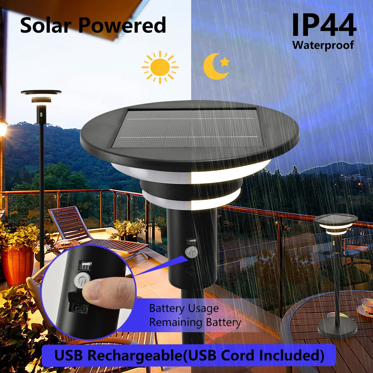 Shinelan Solar Floor Lamp for Patio Waterproof IP44,Outdoor USB Rechargeable Cordless Floor Lamp with 3 Modes,Height Adjustable,Warm White 3000k Standing Solar Lights for Deck, Porch, Camping